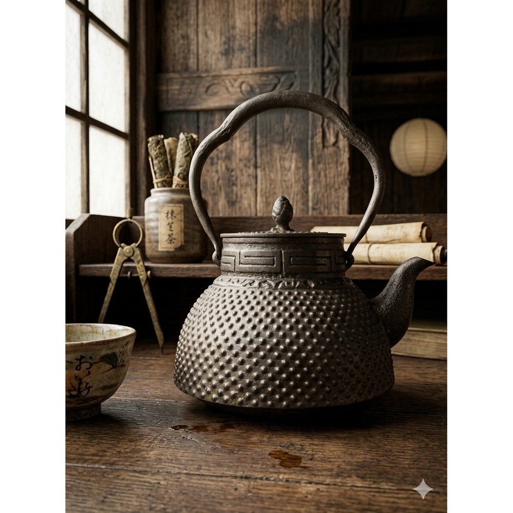 1935 Japanese Cast Iron Tetsubin Teapot Hobnail Arare Pattern Pinecone Finial
